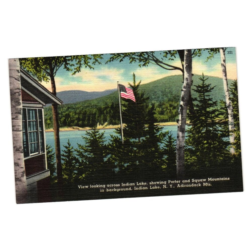 Vintage Postcard Indian Lake Porter Squaw Mountains Adirondack NY Flag Linen